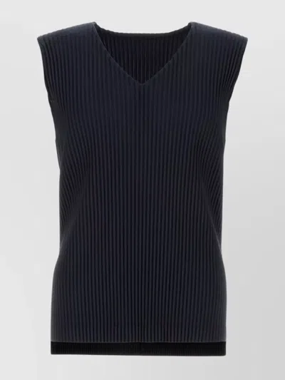 Issey Miyake Tank Top Ribbed Texture Sleeveless V-neckline In Blue