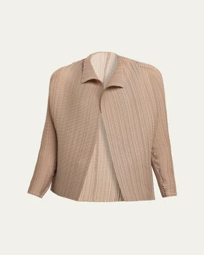 Issey Miyake Textured Pleated Long-sleeve Open Jacket In Brown