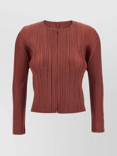 Issey Miyake Textured Pleated Sleeve Jacket In Brown