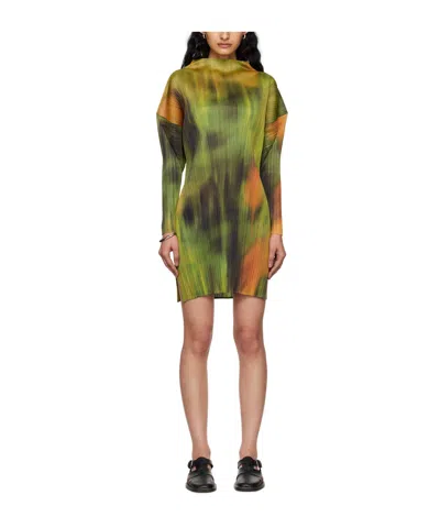 Issey Miyake Tie-dye Pleated Minidress In Green