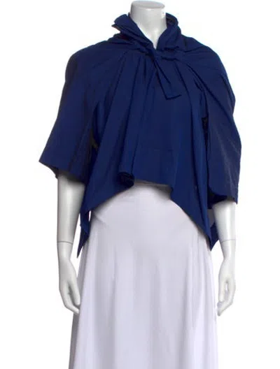 Pre-owned Issey Miyake Tie Neck Short Sleeve Blouse In Blue