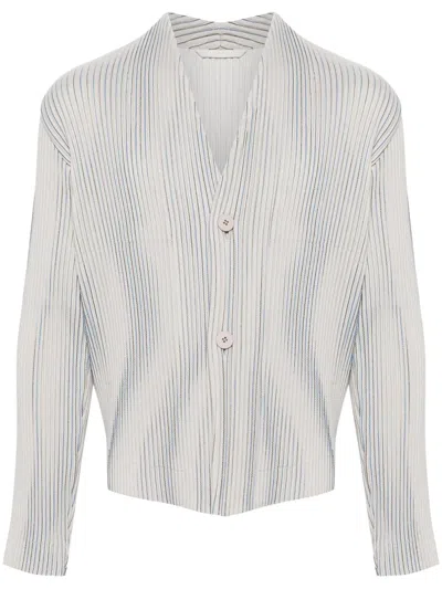 Issey Miyake Tweed Pleats Collarless Jacket In Neutrals