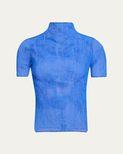 Issey Miyake Twisted Chiffon Plisse Mock-neck Top In Blue