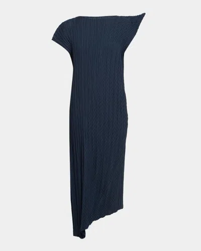 Issey Miyake Unfurling Pleats Cap-sleeve Asymmetric Midi Dress In Blue