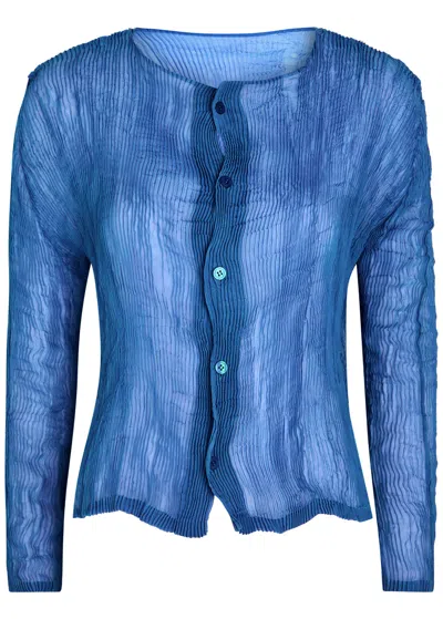 Issey Miyake Uni-form Pleated Sheer Chiffon Blouse In Blue