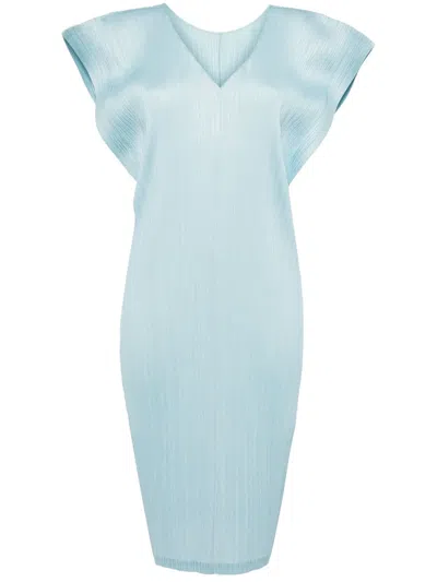 Issey Miyake V-neck Plissé Midi Dress In Blue