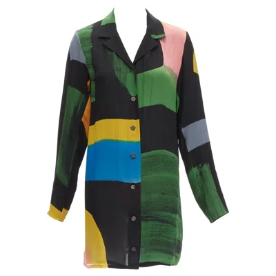 Pre-owned Issey Miyake Vintage 100% Silk Colorblocked Brush Print Long Overshirt Jacket M In Black