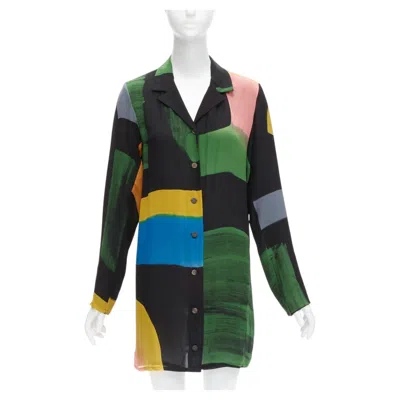 Pre-owned Issey Miyake Vintage 100% Silk Colorblocked Brush Print Long Overshirt Jacket M In Black