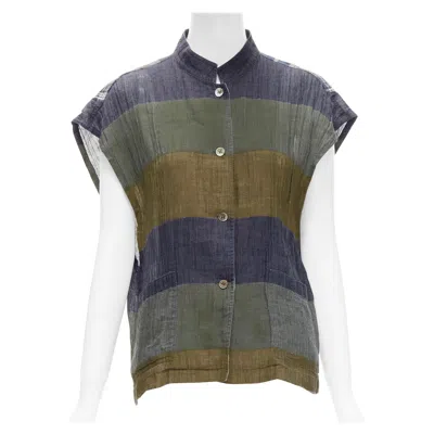 Pre-owned Issey Miyake Vintage 1970's 100% Linen Blue Green Check Patchwork Vest Jp9 S