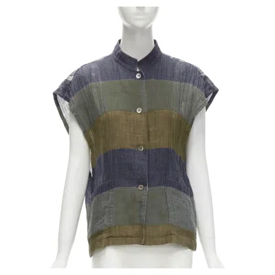 Pre-owned Issey Miyake Vintage 1970's 100% Linen Blue Green Check Patchwork Vest Jp9 S