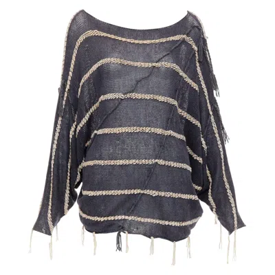 Pre-owned Issey Miyake Vintage 1980s Light Grey Striped Paneled Side Fringe Trim Skirt M In Gray