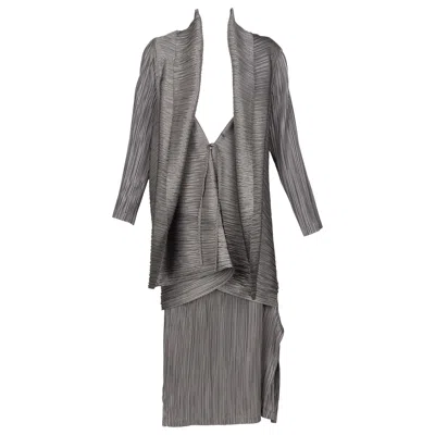 Pre-owned Issey Miyake Vintage  Metallic Kimono Jacket Origami Pleats Skirt Set In Gray