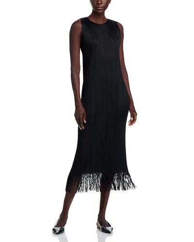 Issey Miyake Wave Plisse Fringe Hem Dress In Black