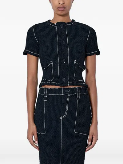 Issey Miyake Wavelet Crinkle-textured Contrast-stitch Top In Black