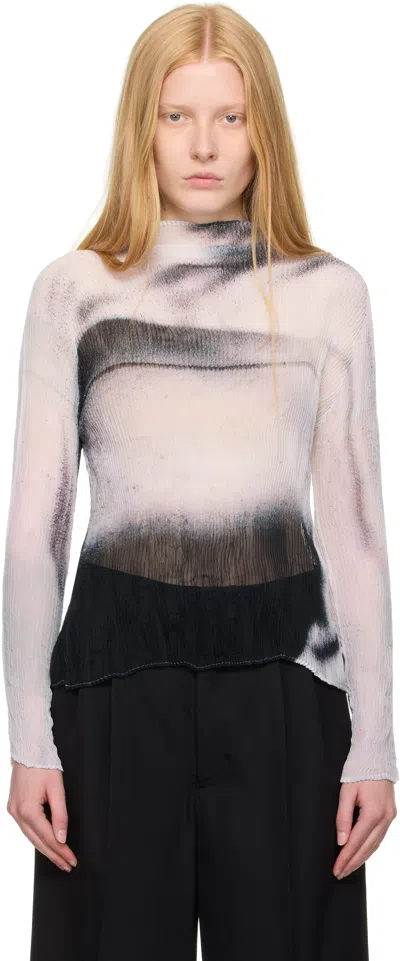 Issey Miyake White & Black Shadow Study Pleats Chiffon Twist Turtleneck