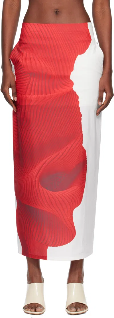 Issey Miyake White & Red Knit 'as Represented' Midi Skirt