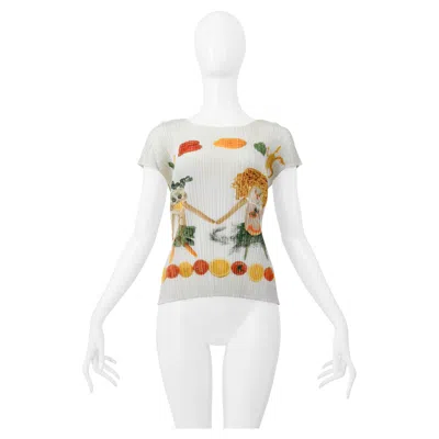 Pre-owned Issey Miyake White Pleated Graphic Top With Characters Ss 2004