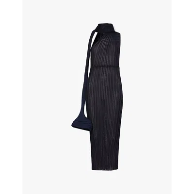 Issey Miyake Womens Black Hued Asagao One-shoulder Knitted Midi Dress