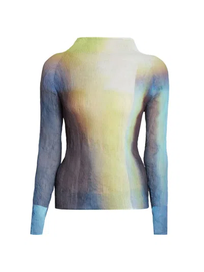 Issey Miyake Light Leak Chiffon Twist High-neck Top In Yellow X Dk Blue