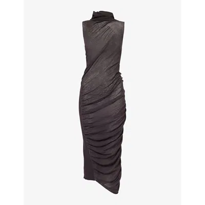 Issey Miyake Womens Dark Brown Ambiguous Cowl-collar Cotton-blend Midi Dress