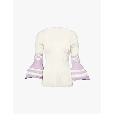Issey Miyake Womens White Hued Asagao Striped-flared-cuffs Knitted Top