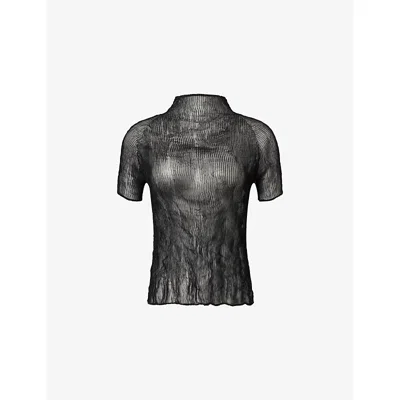 Issey Miyake Womens Black Chiffon Twist Short-sleeve Pleats Shirt