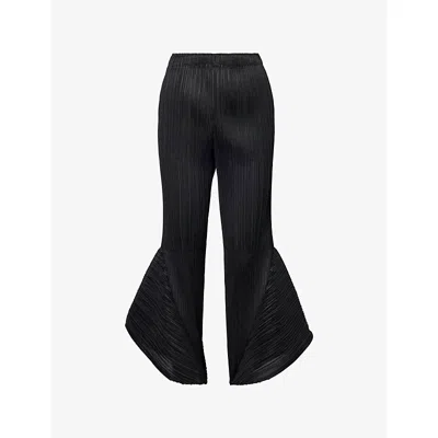 Issey Miyake Womens Black Skyline Flared Pleated Knitted Trousers