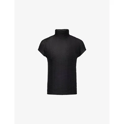 Issey Miyake Womens Black Textured Cap-sleeves Knitted Top