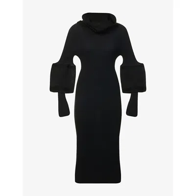 Issey Miyake Womens Black Thin And Thick Funnel-neck Knitted Maxi Dress
