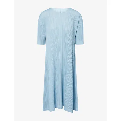 Issey Miyake Womens Blue Gray Mellow Pleats Short-sleeves Knitted Midi Dress
