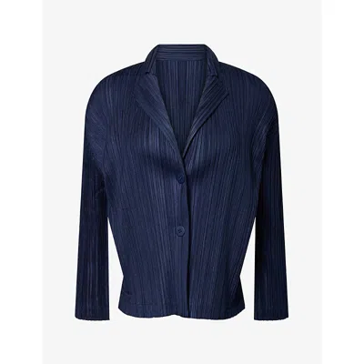 Issey Miyake Womens Blue Notch-collar Pleat Knit Jacket