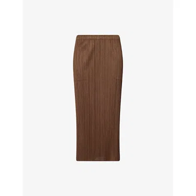 Issey Miyake Womens Brown Pencil Pleated Knit Midi Skirt