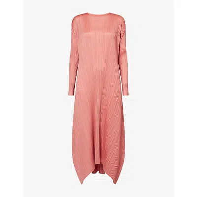 Issey Miyake Womens Brown Red Long-sleeve Pleated Knitted Maxi Dress In Multi