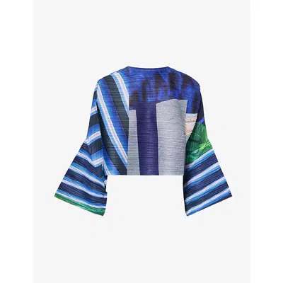 Issey Miyake Womens Gray X Navy City Collage Cropped Knitted Cardigan In Blue