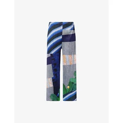 Issey Miyake Womens Gray X Navy City Collage Straight-leg Pleats Knitted Trousers In Multi