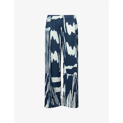 Issey Miyake Womens Grayish Navy Refraction Abstract-print Pleated Knitted Trousers