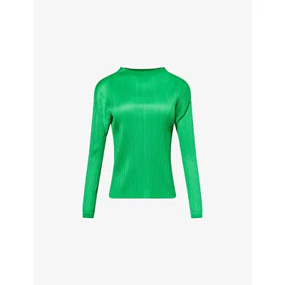 Issey Miyake Womens Long-sleeve Mock-neck Pleats Knitted Top Green