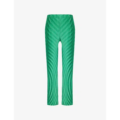 Issey Miyake Womens  Nuance Pleats Solid Two-slip-pockets Straight-leg Mis-rise Knitted Trousers In Winter Green
