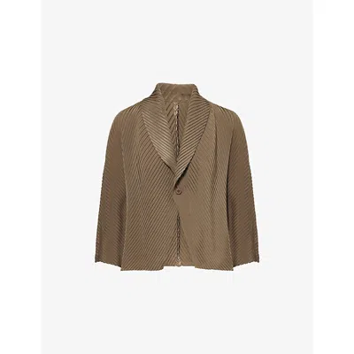 Issey Miyake Womens Khaki Soft Fold Pleats Shawl-collar Knitted Top In Brown
