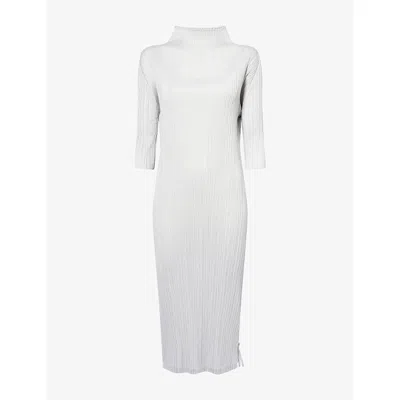 Issey Miyake Womens Light Gray Three-quarter Sleeve Plisse Knitted Midi Dress In White