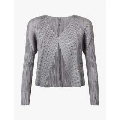 Issey Miyake Womens Pleats Please  Basics Pleated Knit Cardigan In Grey
