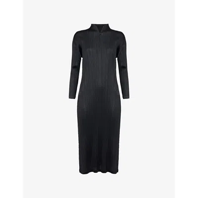 Issey Miyake Womens Pleated High-neck Knitted Midi Dress Black