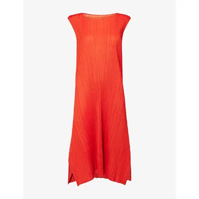 Issey Miyake Womens Bright Red Sleeveless Pleated Knitted Midi Dress