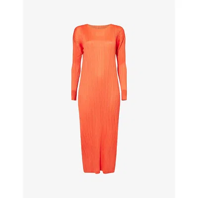 Issey Miyake Womens Long-sleeve Pleat Knitted Midi Dress Red