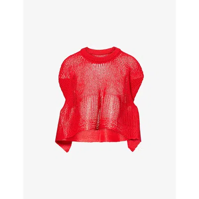 Issey Miyake Womens Red Relaxed Open-knit Wool-blend Top