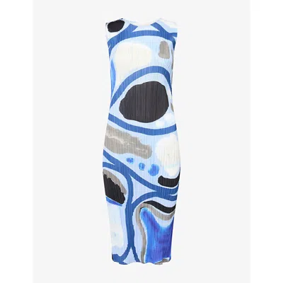 Issey Miyake Womens Roll Patterned Knitted Midi Dress Blue