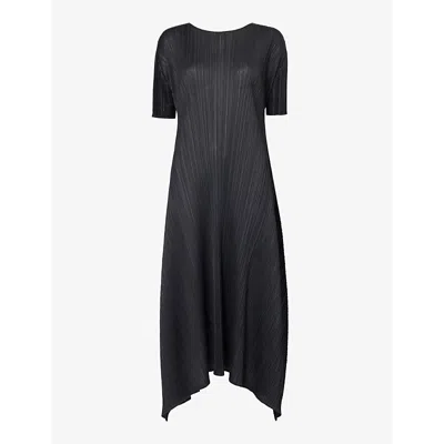 Issey Miyake Womens Short-sleeve Asymmetric-hem Knitted Midi Dress Black
