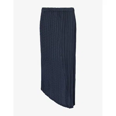 Issey Miyake Womens Unfurling Pleats Knitted Midi Skirt Blue