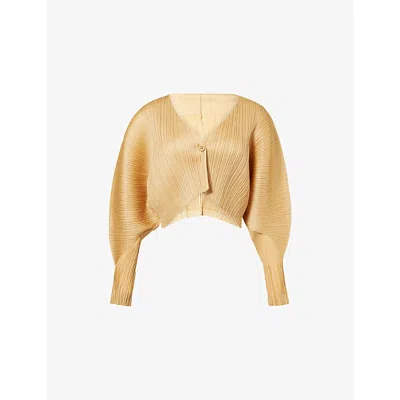 Issey Miyake Womens Yellow Ocher December Pleated Knit Cardigan In Gold