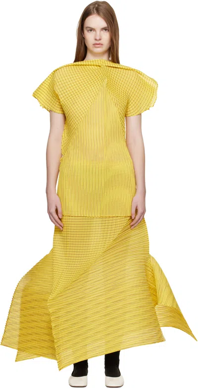 Issey Miyake Yellow Generic Stripes Machine Pleats Midi Skirt